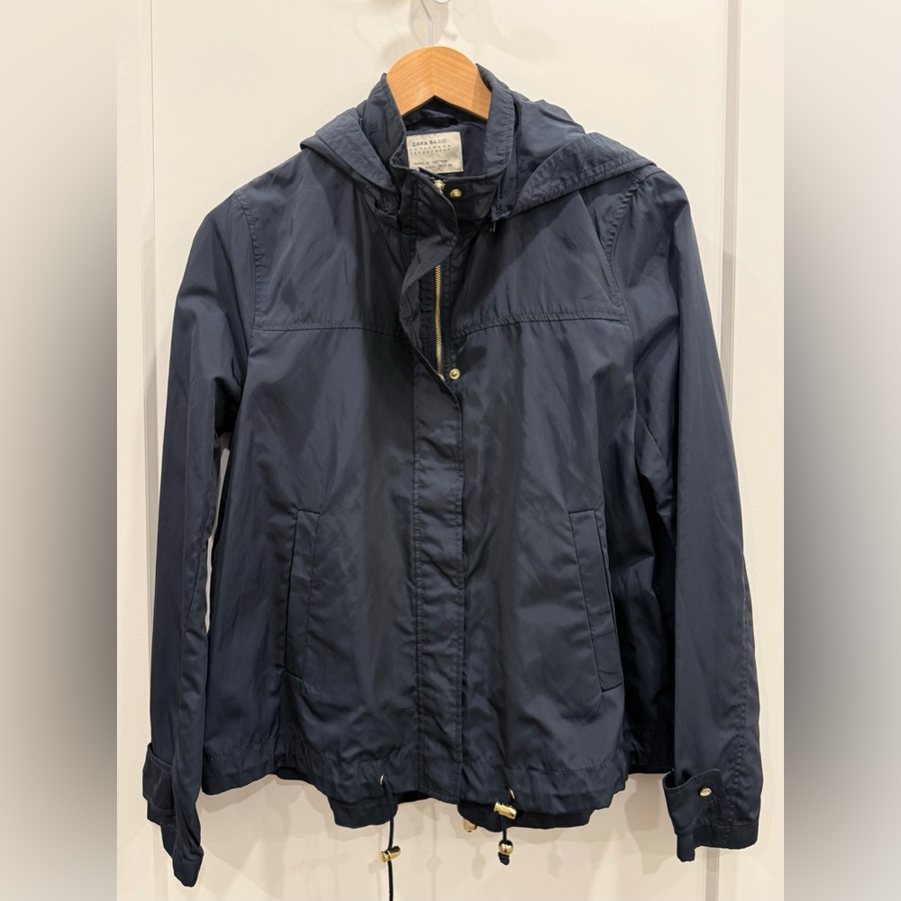 Zara Navy Blue Hooded Utility Windbreaker Jacket – Size Large